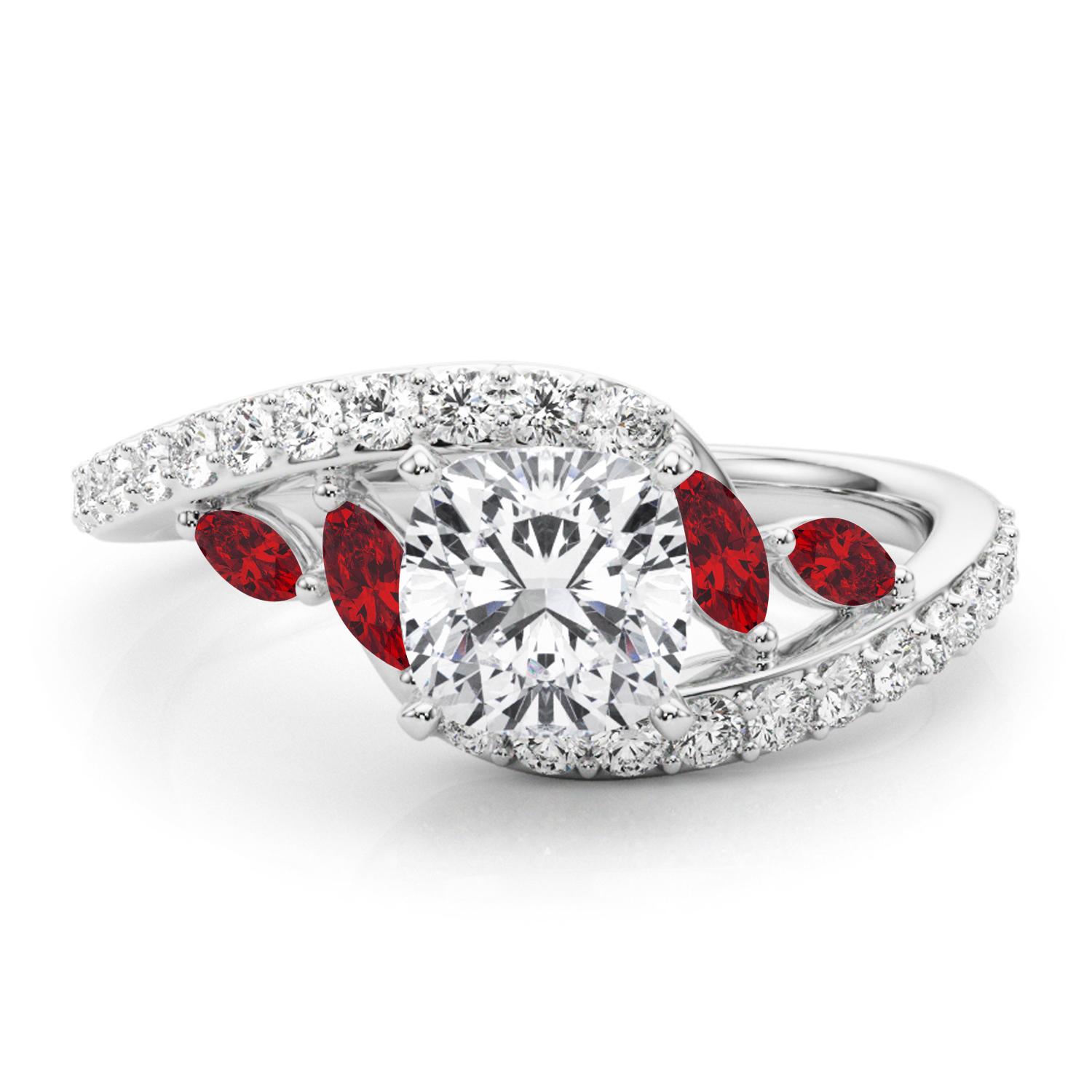 Swirl Design Diamond & Marquise Ruby Engagement Ring 18K White Gold (0.63ct)